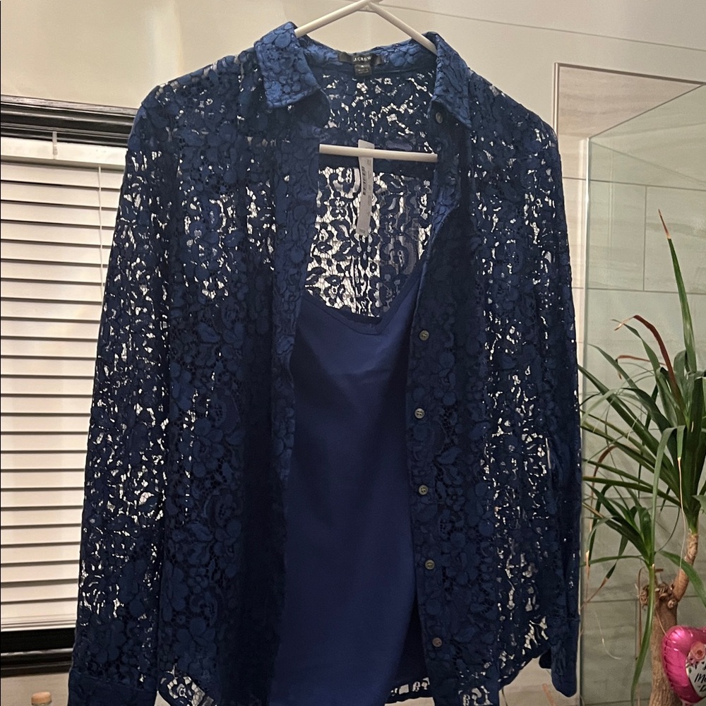 J Crew elegant Royal Blue Lace blouse w/matching attached cami size 4 NWT